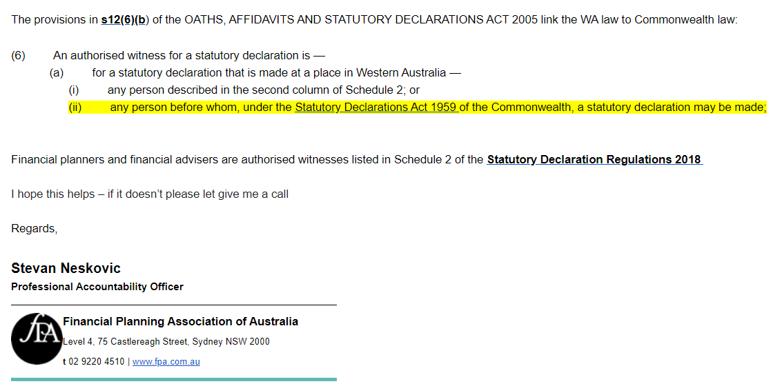 financial planner witnessing a POA in Western Australia WA stat dec